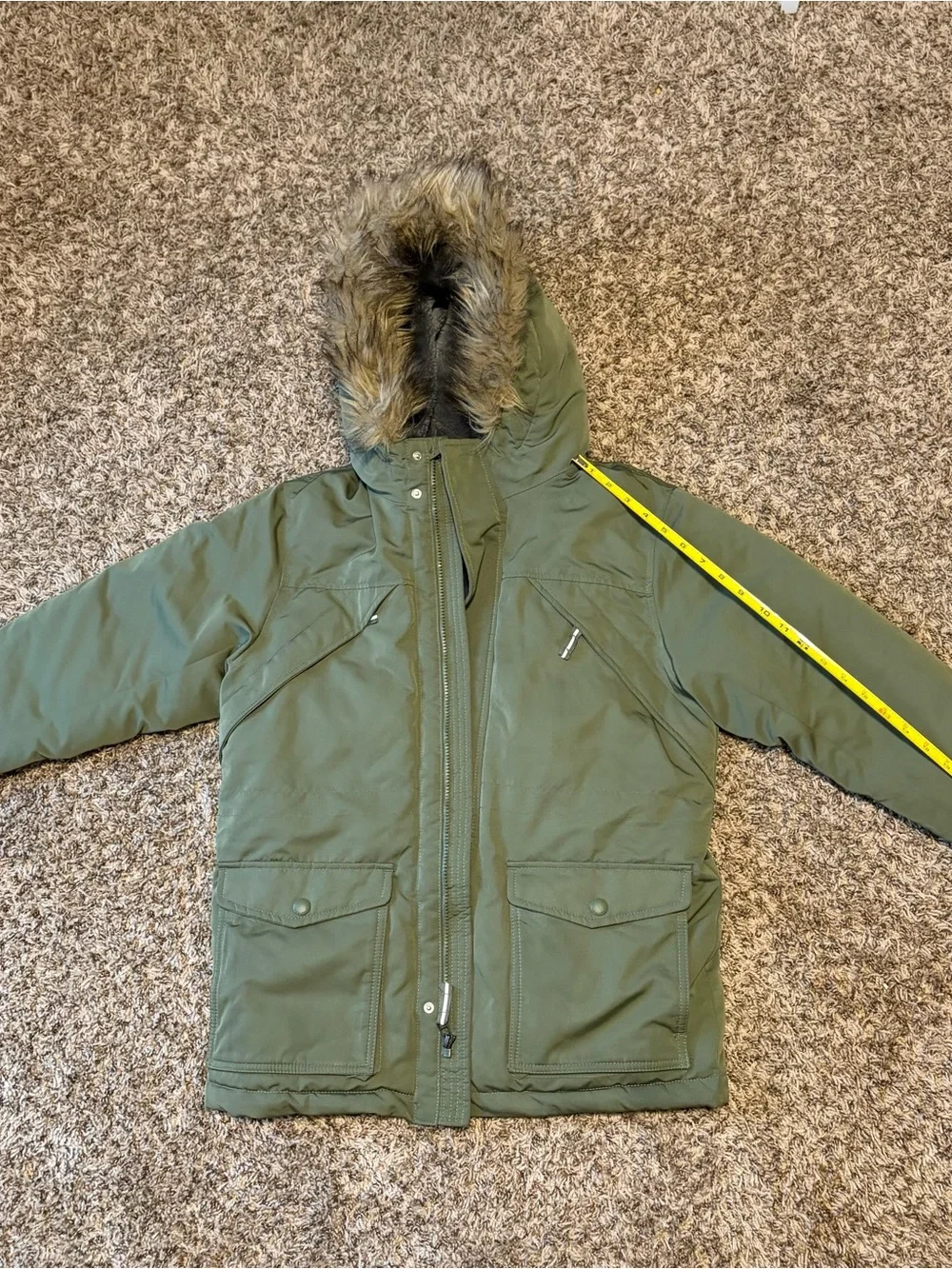 GAP Olive Green Hooded Puffer Jacket with Faux Fur Trim
